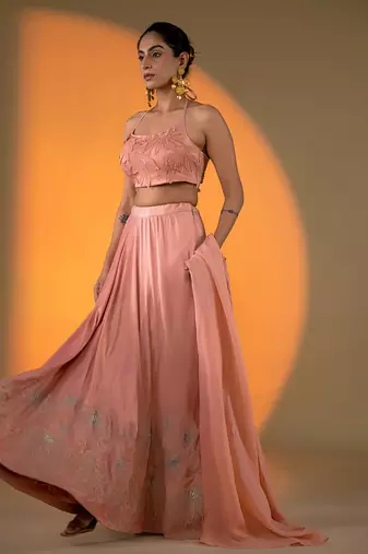Peach hand embroidery Satin Lehenga Set