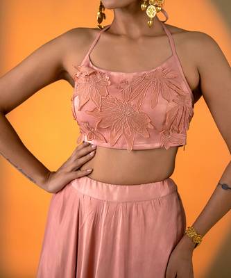 Peach hand embroidery Satin Lehenga Set 3