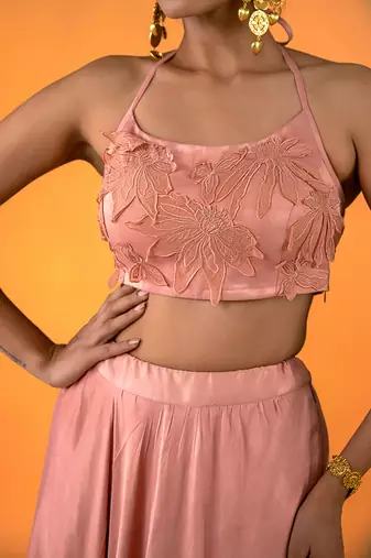 Peach hand embroidery Satin Lehenga Set