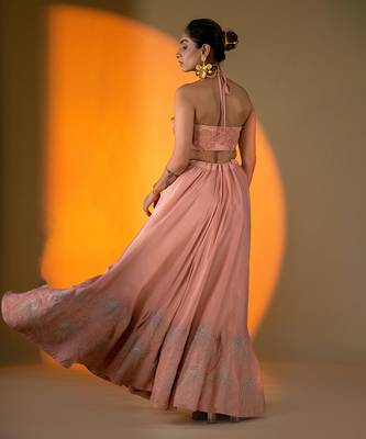 Peach hand embroidery Satin Lehenga Set 4