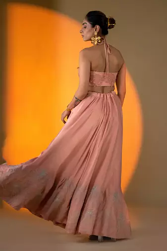 Peach hand embroidery Satin Lehenga Set