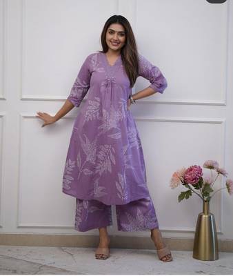 Lavender  cotton hand work cord set anarkali kurti pant  set 1