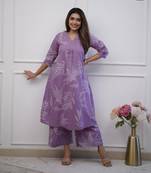 Lavender  cotton hand work cord set anarkali kurti pant  set