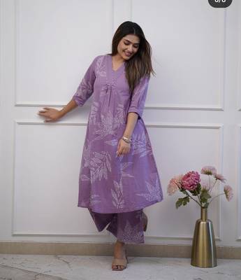 Lavender  cotton hand work cord set anarkali kurti pant  set 3