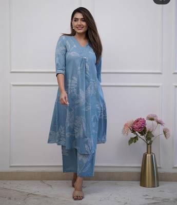 Aqua blue  cotton hand work cord set anarkali kurti pant  set 1