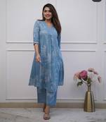 Aqua blue  cotton hand work cord set anarkali kurti pant  set