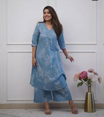Aqua blue  cotton hand work cord set anarkali kurti pant  set 3