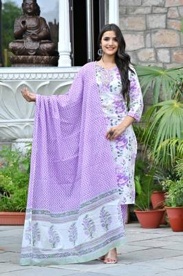 Lavender  cotton embriodery  work straight kurti pant dupatta   set 1