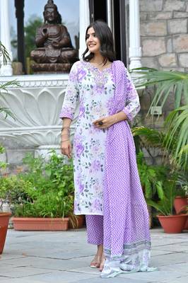 Lavender  cotton embriodery  work straight kurti pant dupatta   set 3