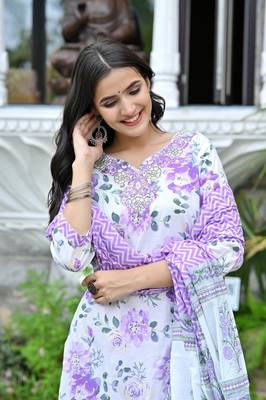 Lavender  cotton embriodery  work straight kurti pant dupatta   set 4