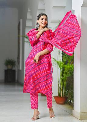 Rani  cotton lehriya embriodery  work straight kurti pant dupatta   set 1