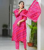 Rani  cotton lehriya embriodery  work straight kurti pant dupatta   set