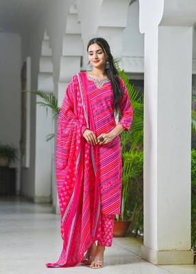 Rani  cotton lehriya embriodery  work straight kurti pant dupatta   set 3