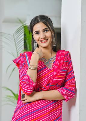 Rani  cotton lehriya embriodery  work straight kurti pant dupatta   set 4