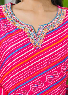 Rani  cotton lehriya embriodery  work straight kurti pant dupatta   set 5