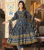 Navy blue   cotton  hand   work anarkali  kurti pant dupatta set