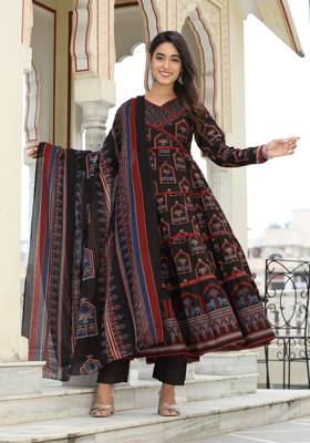 Black   cotton  hand   work anarkali  kurti pant dupatta set 1