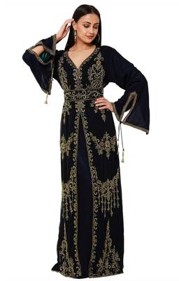 Black color full sleeves Handmade Moroccan Kaftan with Sun-proof hijab 1