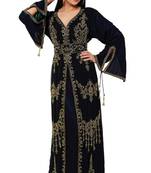Black color luxurious full sleeves Handmade Moroccan Kaftan with Sun-proof hijab.