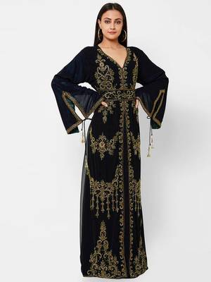 Black color full sleeves Handmade Moroccan Kaftan with Sun-proof hijab 2