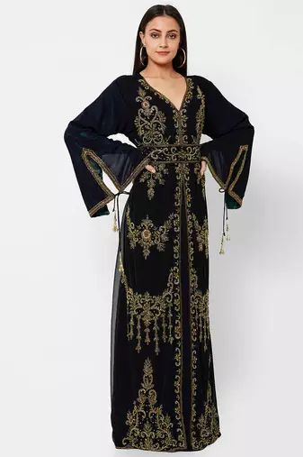 Black color full sleeves Handmade Moroccan Kaftan with Sun-proof hijab