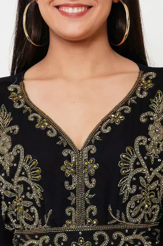 Black color full sleeves Handmade Moroccan Kaftan with Sun-proof hijab