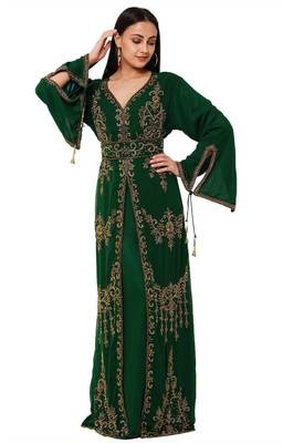 Dark green color full sleeves Handmade Moroccan Kaftan with Sun-proof hijab 1