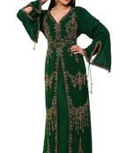 Dark green color luxurious full sleeves Handmade Moroccan Kaftan with Sun-proof hijab.