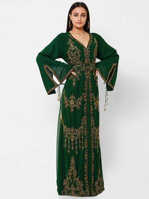 Dark green color full sleeves Handmade Moroccan Kaftan with Sun-proof hijab 2