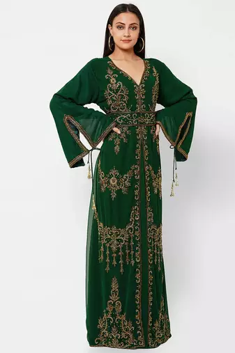 Dark green color full sleeves Handmade Moroccan Kaftan with Sun-proof hijab