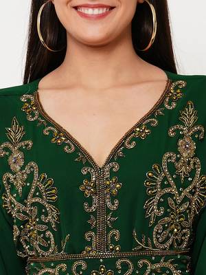 Dark green color full sleeves Handmade Moroccan Kaftan with Sun-proof hijab 3