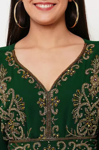 Dark green color full sleeves Handmade Moroccan Kaftan with Sun-proof hijab