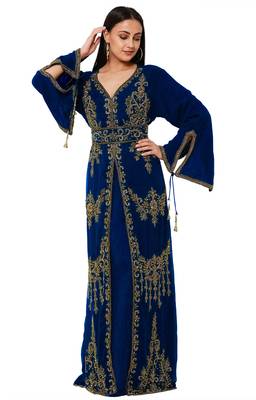 Navy blue color full sleeves Handmade Moroccan Kaftan with Sun-proof hijab 1