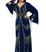 Navy blue color luxurious full sleeves Handmade Moroccan Kaftan with Sun-proof hijab.