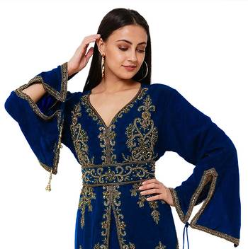 Navy blue color full sleeves Handmade Moroccan Kaftan with Sun-proof hijab 2