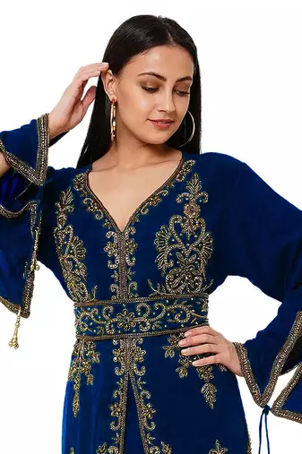 Navy blue color full sleeves Handmade Moroccan Kaftan with Sun-proof hijab