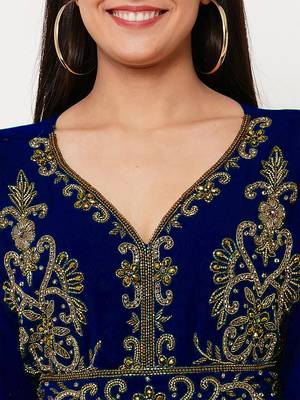 Navy blue color full sleeves Handmade Moroccan Kaftan with Sun-proof hijab 3
