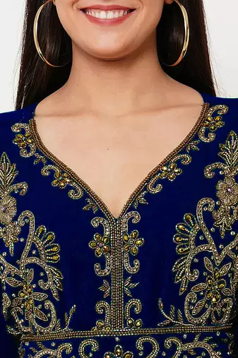 Navy blue color full sleeves Handmade Moroccan Kaftan with Sun-proof hijab