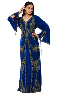 Royal blue color full sleeves Handmade Moroccan Kaftan with Sun-proof hijab 1