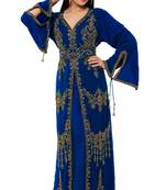 Royal blue color luxurious full sleeves Handmade Moroccan Kaftan with Sun-proof hijab.
