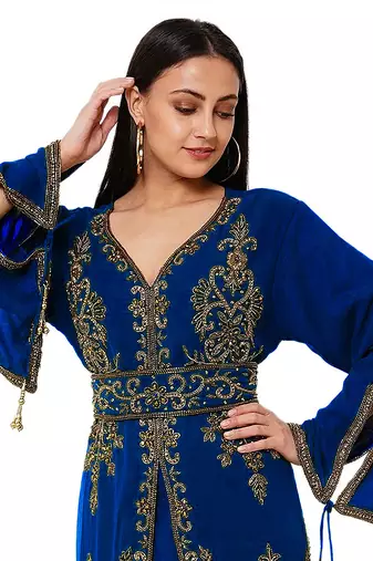 Royal blue color full sleeves Handmade Moroccan Kaftan with Sun-proof hijab