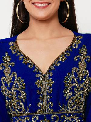 Royal blue color full sleeves Handmade Moroccan Kaftan with Sun-proof hijab 3