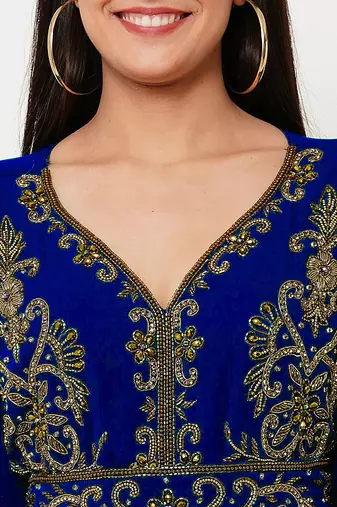 Royal blue color full sleeves Handmade Moroccan Kaftan with Sun-proof hijab