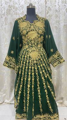 Grand Forest Green Kaftan Gown with Gold Aari & Stone Work | Wedding & Party Wear 1