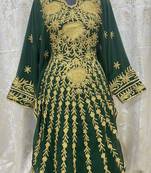 Grand Forest Green Kaftan Gown with Gold Aari & Stone Work | Wedding & Party Wear