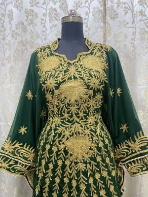 Grand Forest Green Kaftan Gown with Gold Aari & Stone Work | Wedding & Party Wear 2