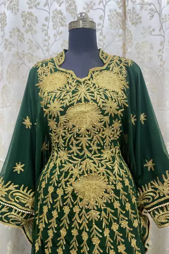 Grand Forest Green Kaftan Gown with Gold Aari & Stone Work | Wedding & Party Wear