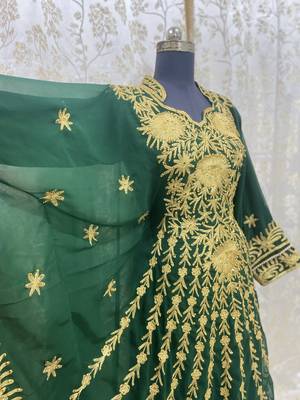 Grand Forest Green Kaftan Gown with Gold Aari & Stone Work | Wedding & Party Wear 3