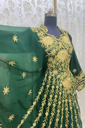 Grand Forest Green Kaftan Gown with Gold Aari & Stone Work | Wedding & Party Wear