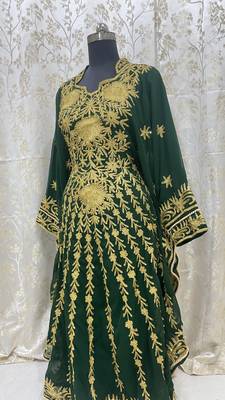 Grand Forest Green Kaftan Gown with Gold Aari & Stone Work | Wedding & Party Wear 4